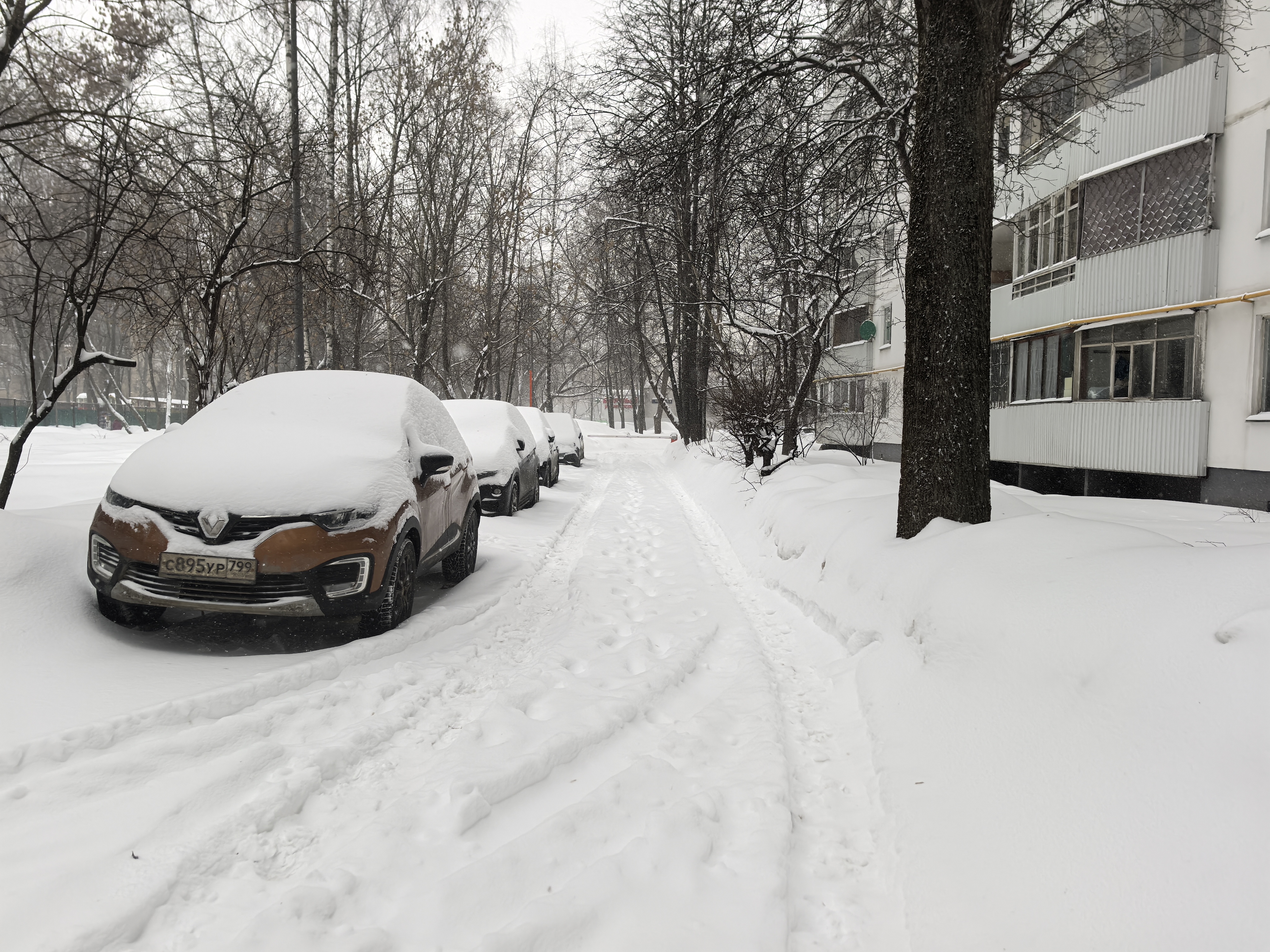 Дворовая территория жилого дома, покрытая снегом. Видны припаркованные автомобили и следы пешеходов на дороге.