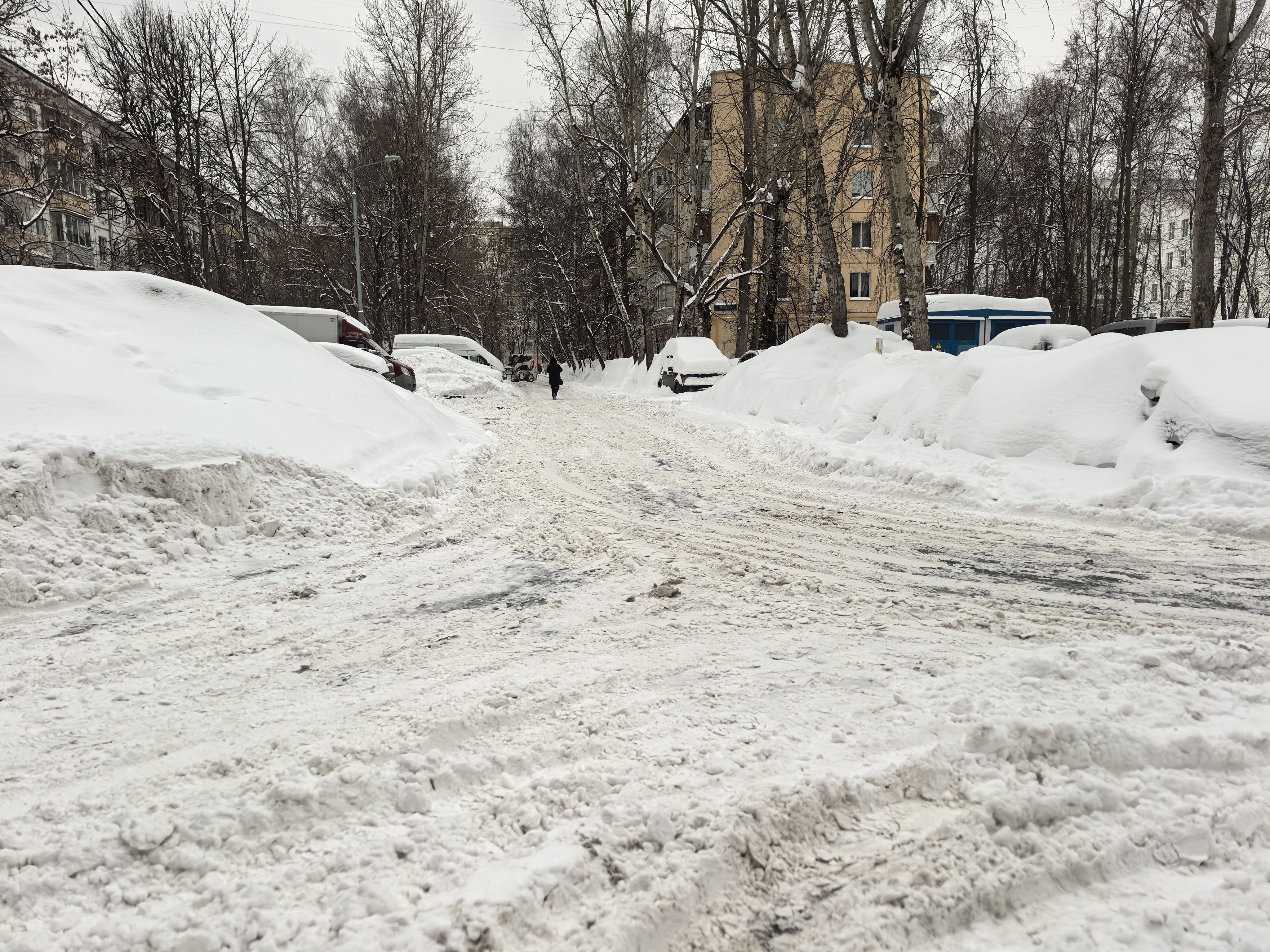 Дворовая территория, заснеженная проезжая часть с припаркованными автомобилями и отсутствием тротуаров.