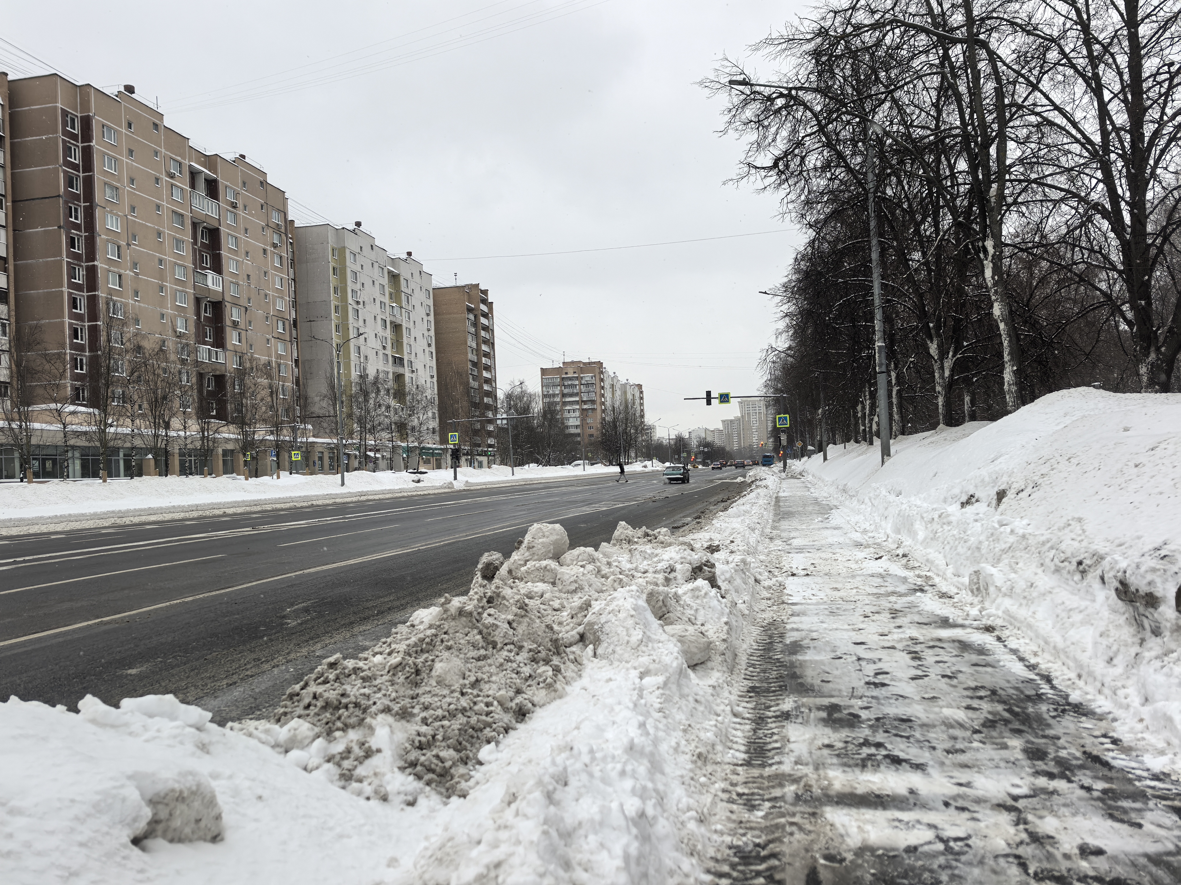 Широкая городская магистраль с пешеходным переходом, регулируемым светофором. Снежный покров, асфальт влажный, тротуар частично очищен.