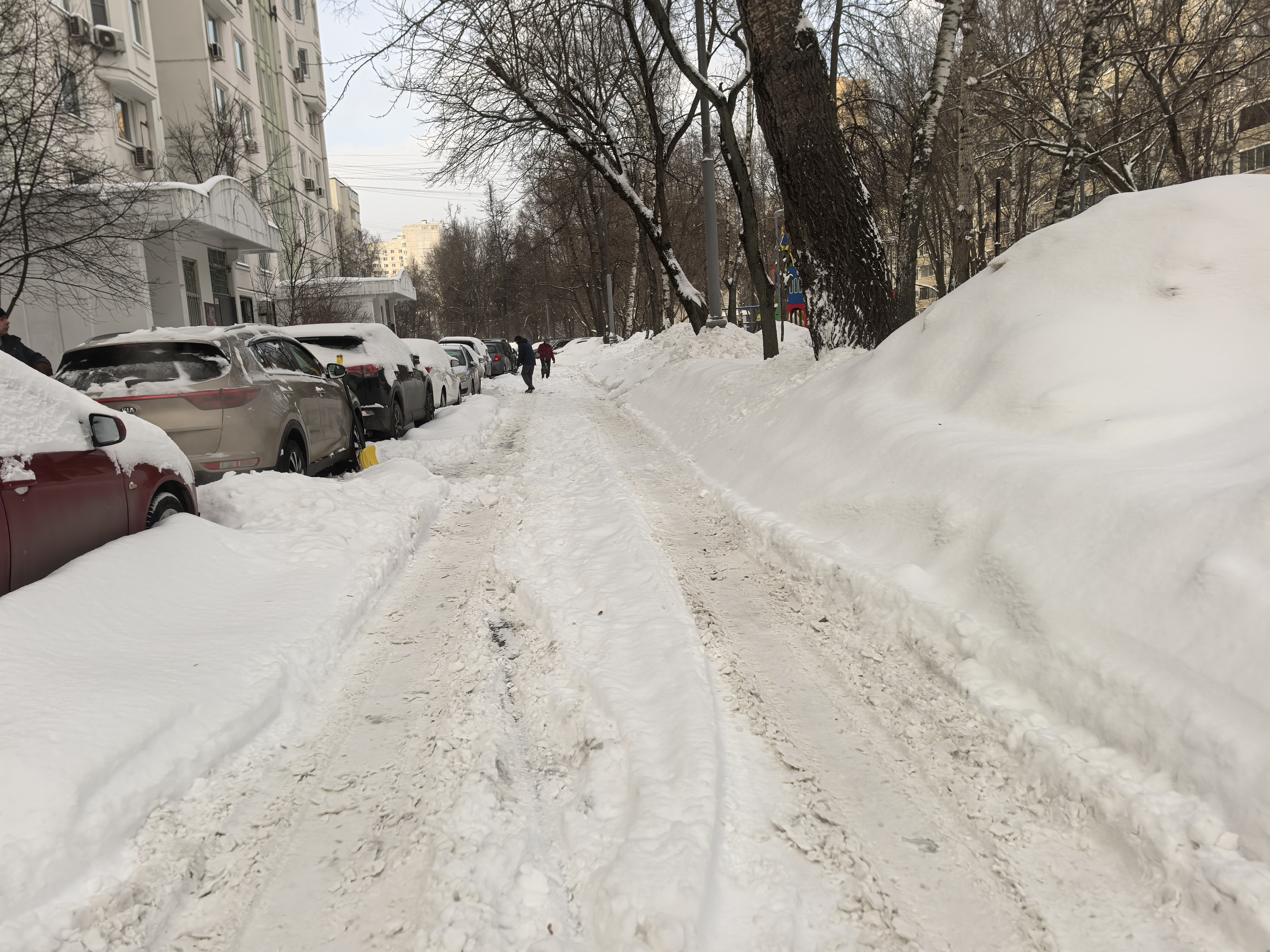 Дворовая территория с припаркованными автомобилями и пешеходным проходом, полностью покрытым снегом. Видны жилые дома и деревья.