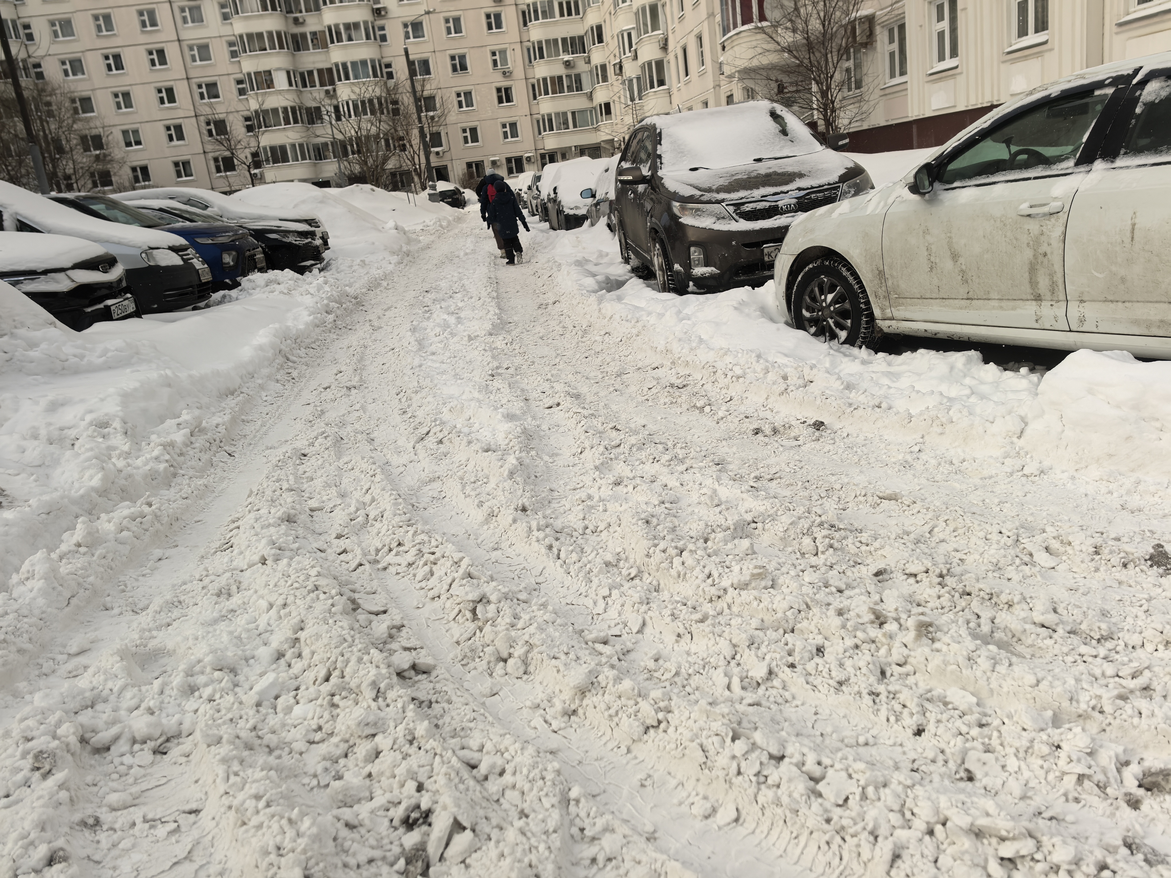 Дворовая территория, покрытая снегом, с припаркованными автомобилями по обеим сторонам и узкой проезжей частью, по которой идут пешеходы.