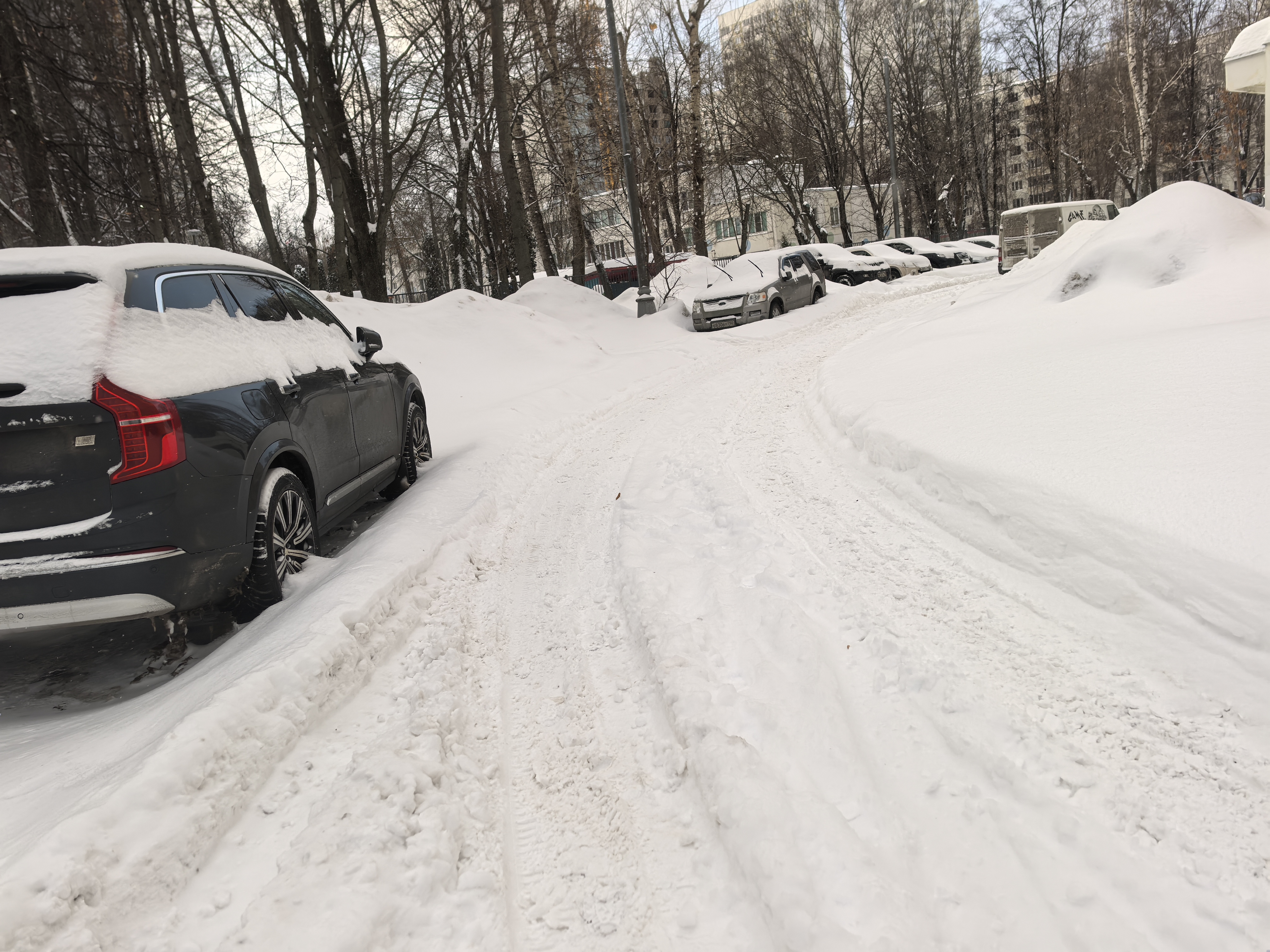 Дворовая территория, покрытая снегом, с припаркованными автомобилями по обеим сторонам проезжей части.
