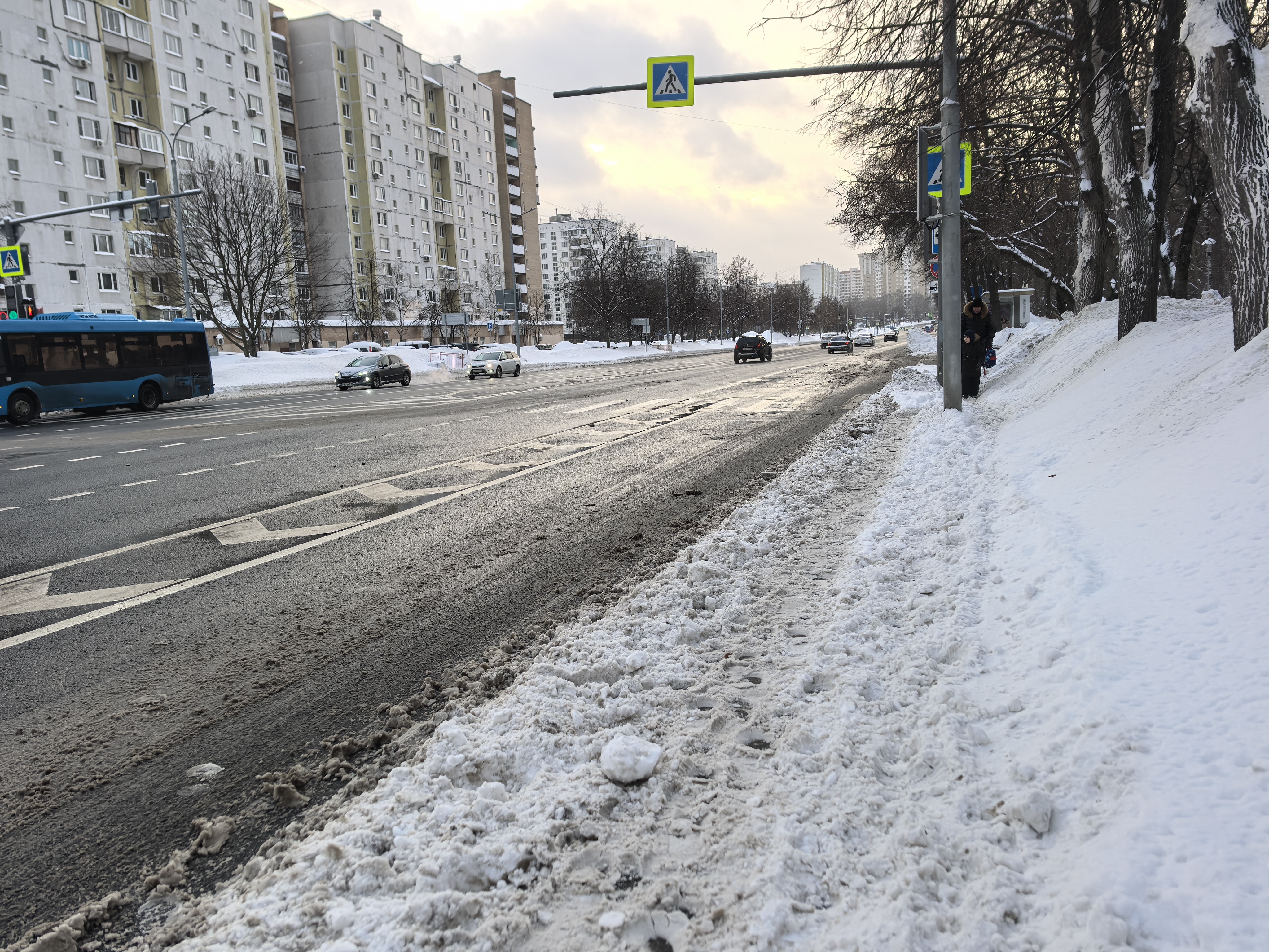 Широкая проезжая часть с пешеходным переходом, обозначенным знаками и разметкой. Видны многоэтажные жилые дома и движение транспорта. На обочине и газонах лежит снег.