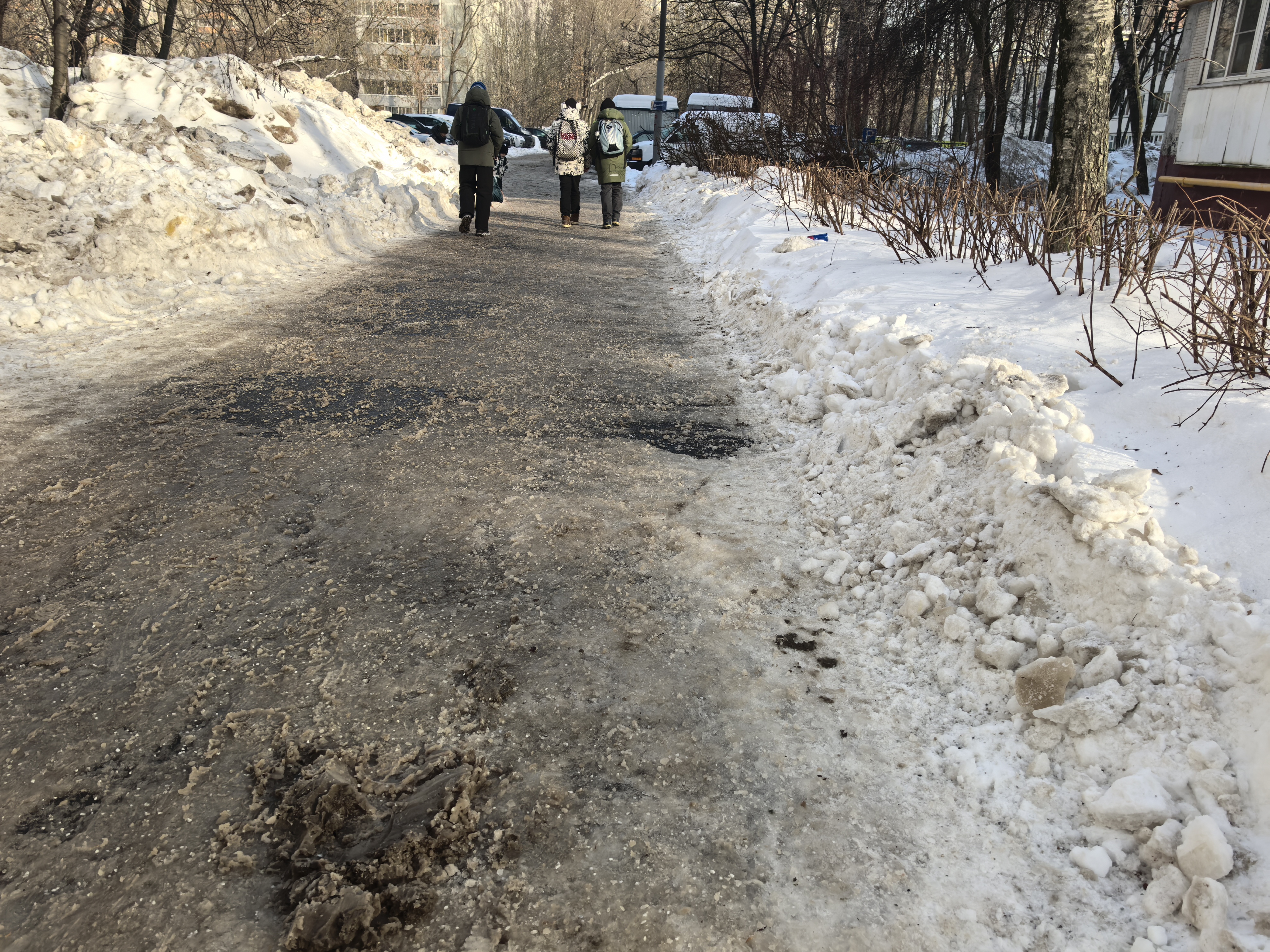 Дворовая территория с проезжей частью, покрытой смесью снега, льда и грязи. По краям дороги высокие снежные валы. Видны дети, идущие по дороге.