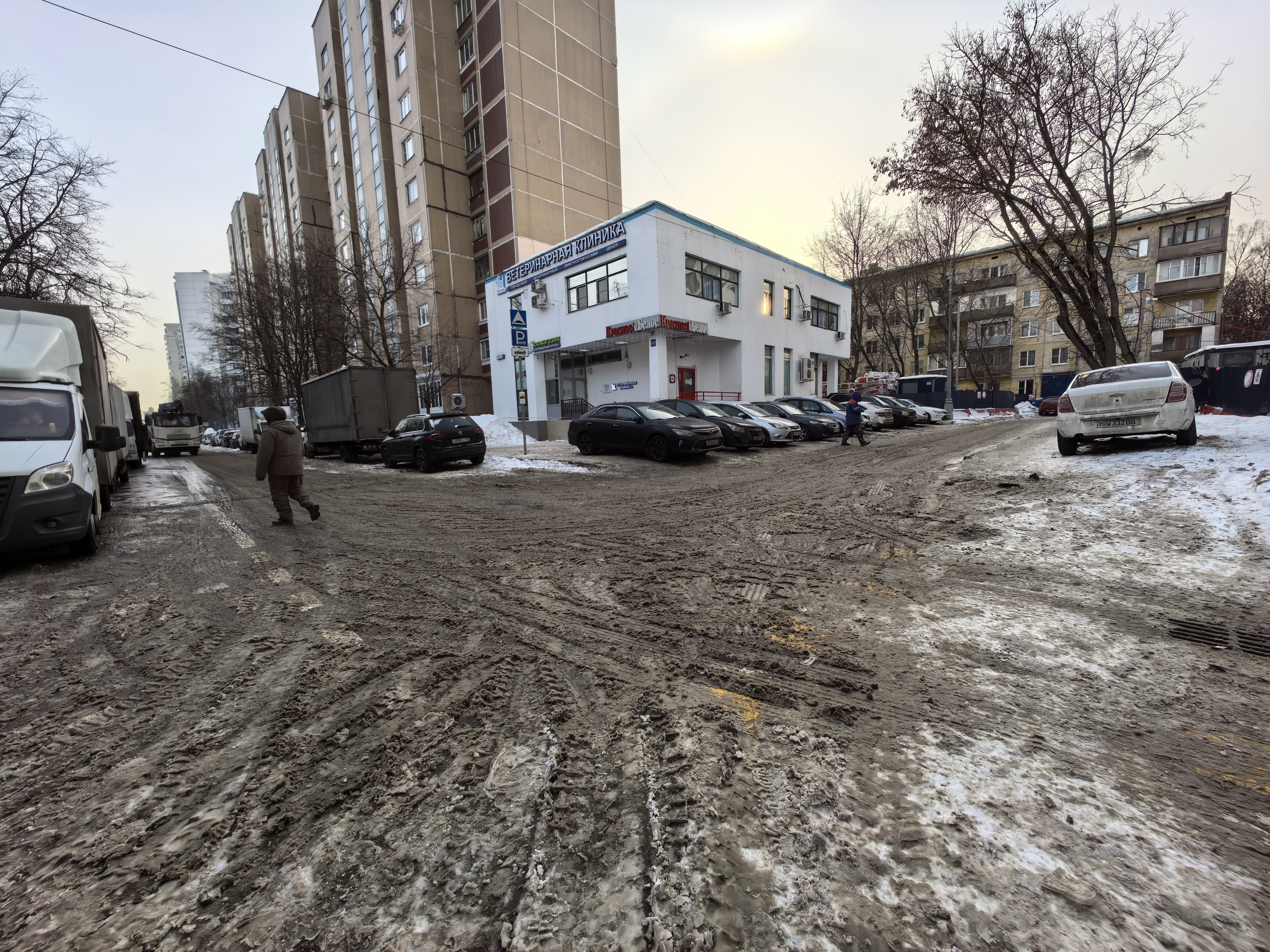 Дворовая территория с грунтовым покрытием, покрытым грязью и следами от шин, окруженная жилыми домами и коммерческим зданием (ветеринарная клиника). Парковка автомобилей вдоль дороги и на обочинах.