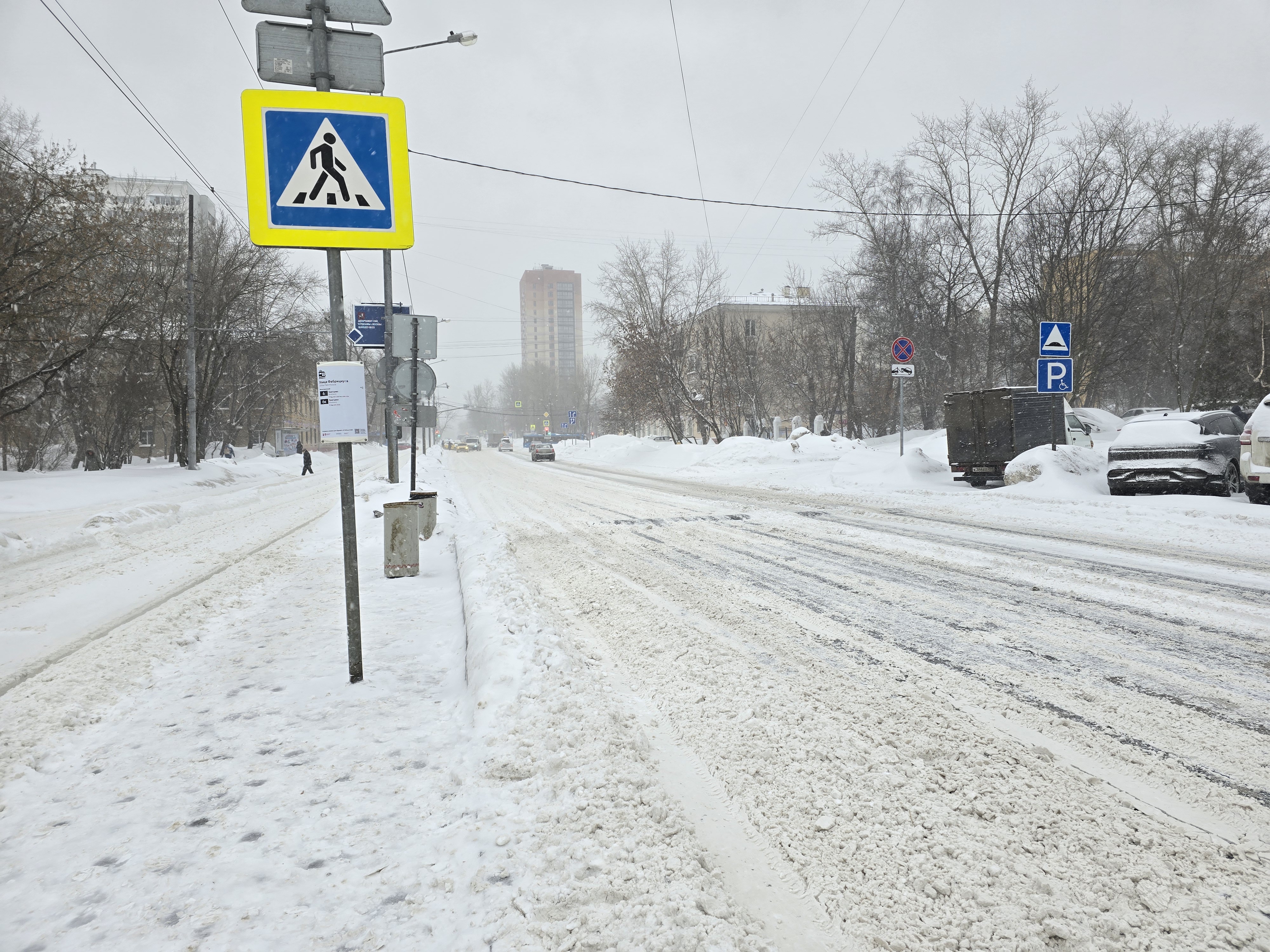 Городская улица с пешеходным переходом, обозначенным знаком и разметкой. Дорога покрыта снегом и ледяной кашей, видимость ограничена из-за снегопада.