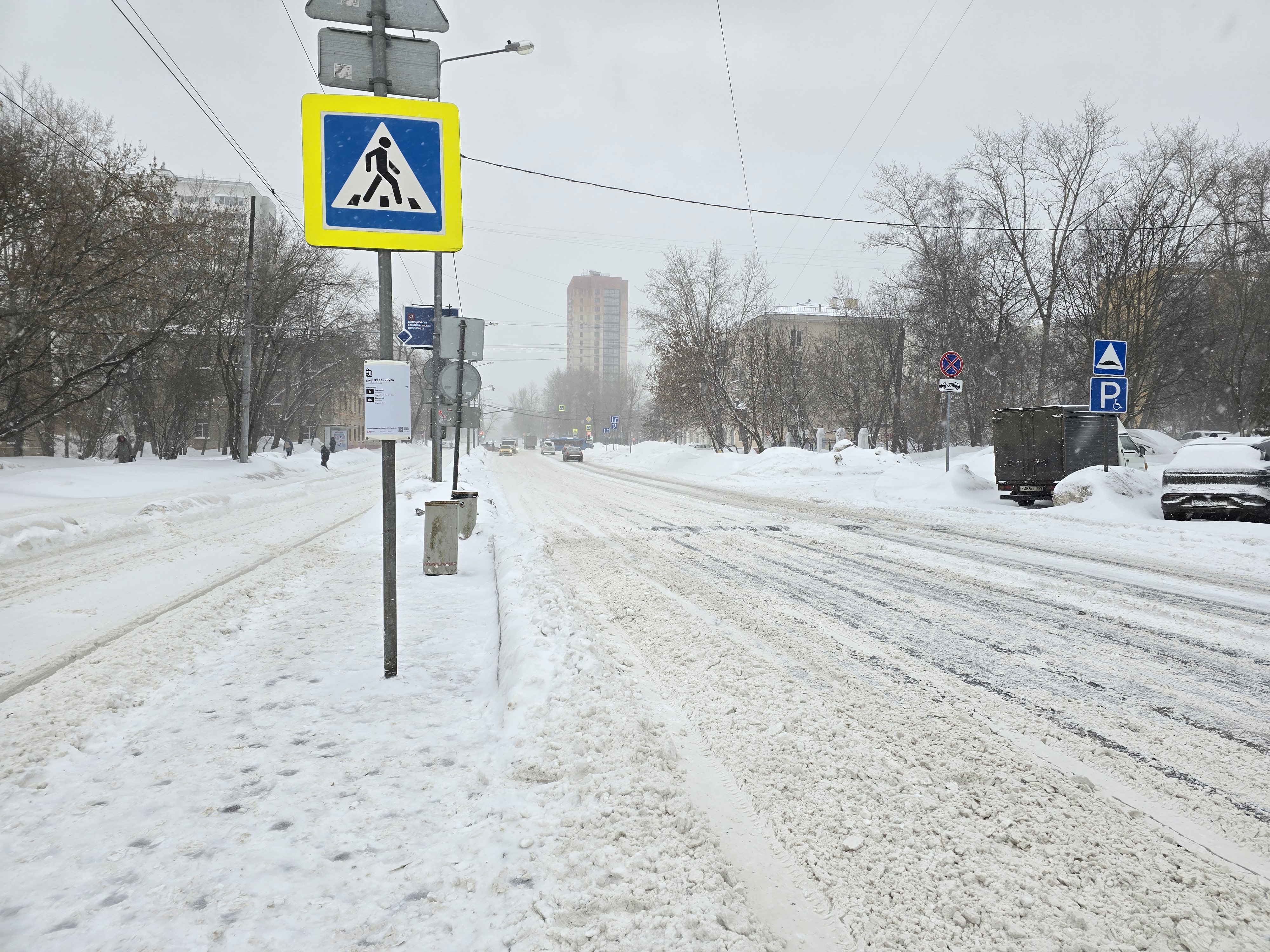 Городская улица с пешеходным переходом, обозначенным знаком и разметкой, в зимних условиях. Дорога покрыта снегом и слякотью, видимость ограничена из-за метели.